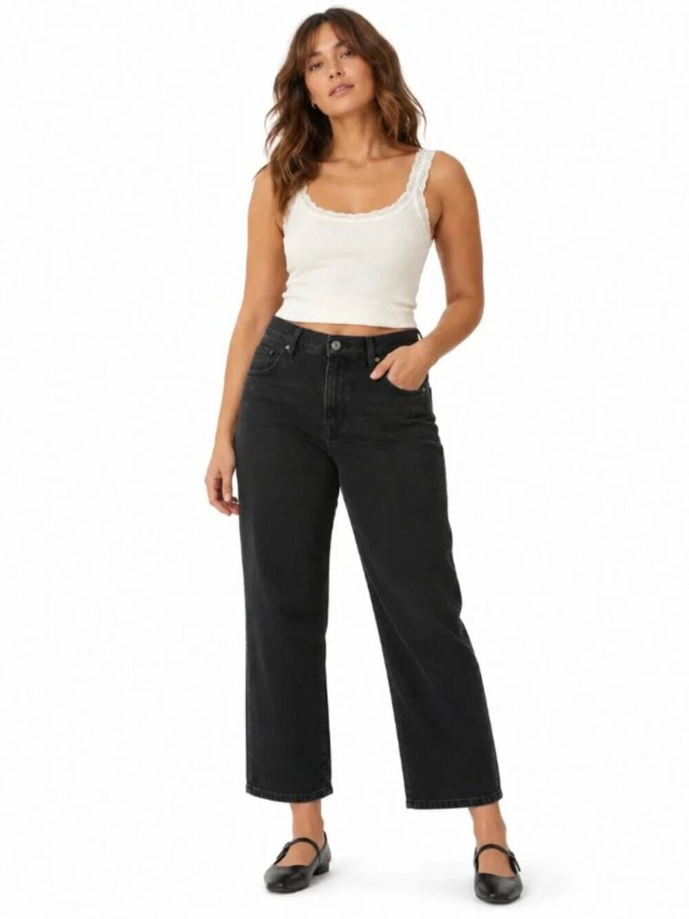 New Paige Billy Crop High Rise Straight Jeans In Dark Dawn Distressed Black 32